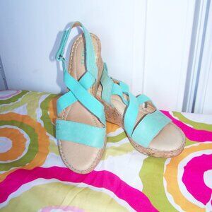 Born Teal Wedge Sandals Sz 8